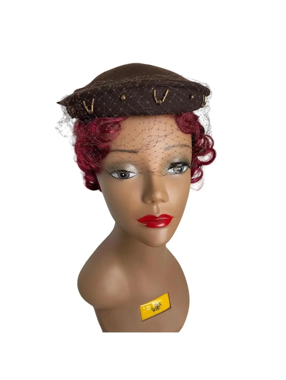 Vintage 1950s Brown Felt Pillbox Hat: Beaded Veil Fascinator